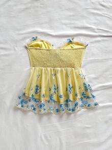 Soleia 女士度假风花卉刺绣透视前系结时尚上衣，黄色娃娃衫，夏日可爱上衣 - 彩色 - 查看 2