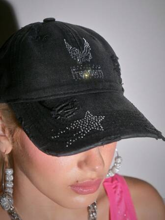Grunge Punk Gorra de béisbol de mujer con adorno de piedras rhinestone y desgastada
