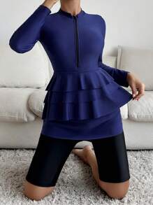 SHEIN Swim Fashionable Solid Color Ruffle Trim Zipper Closure Women's Burkini 2-Piece Set For Summer Beach Vacation - Multicolor - View 1