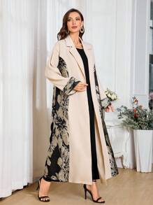 Al Najma 优雅的色块长款阿巴亚开衫，秋季，休闲阿巴亚长袍，适合晚会/日常休闲，朴素的长袍 - 卡其色 - 查看 6