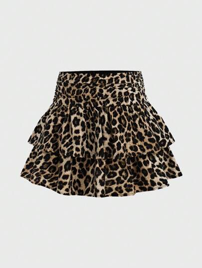 SHEIN Girlism Falda mini casual con estampado de leopardo vintage, plisada y de doble capa con volantes en el bajo, para niña preadolescente, ropa hippie, disfraz de princesa, falda de baile, estilo Y2K