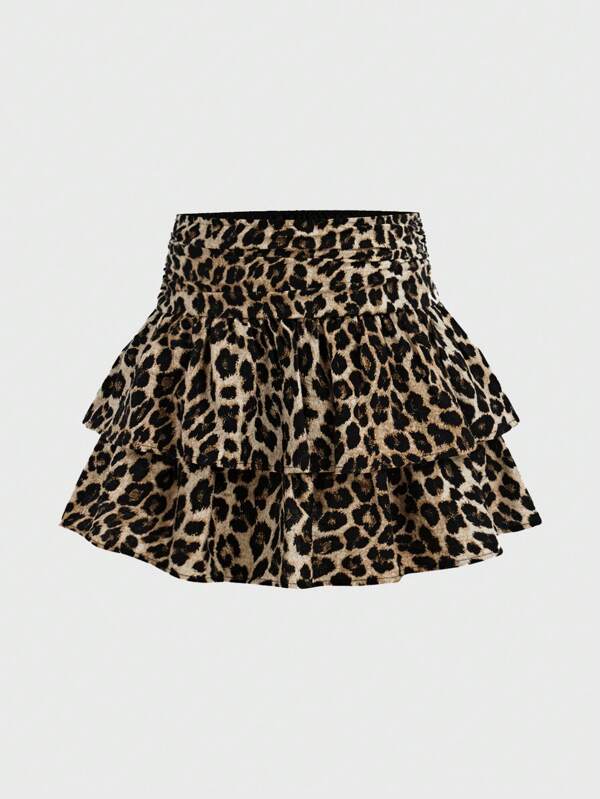 SHEIN Girlism Jupe mini décontractée mignonne à volants double couche, à imprimé léopard froissé pour jeune fille. Tenue, bal de promo, vêtements hippies, costume de princesse, jupe de bal, Y2K