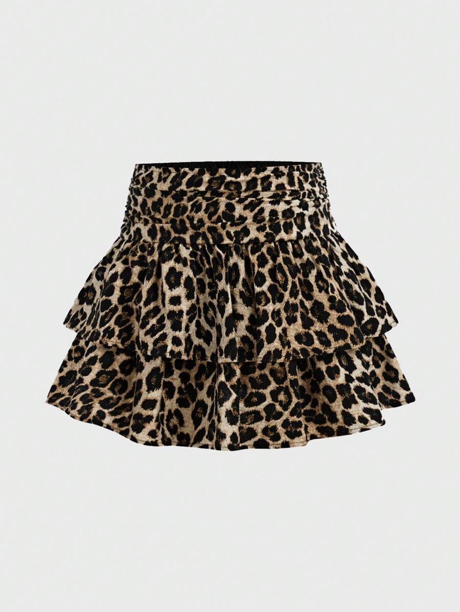 SHEIN Girlism 青少年女孩休闲街头复古豹纹褶饰双层荷叶边下摆可爱迷你休闲裙，返校节，嬉皮士服装，公主服装，舞会裙，Y2K - 咖啡棕 - 查看 1