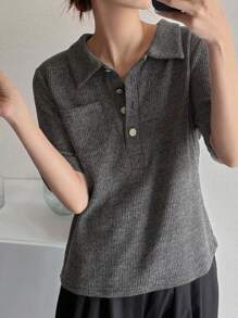 FRIFUL Women's Fitted Polo Collar Metal Button Decor Short Sleeve T-Shirt, Summer Ribbed Shirt Collared Shirt Knit Top Summer Top Preppy Top