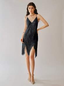 Uhlyne Uhlyne Women's Black Sequin Fringe Spaghetti Strap Party Dress: Short, Asymmetrical Hem, And Sleeveless Design For A Dazzling Night Out - Black - View 7
