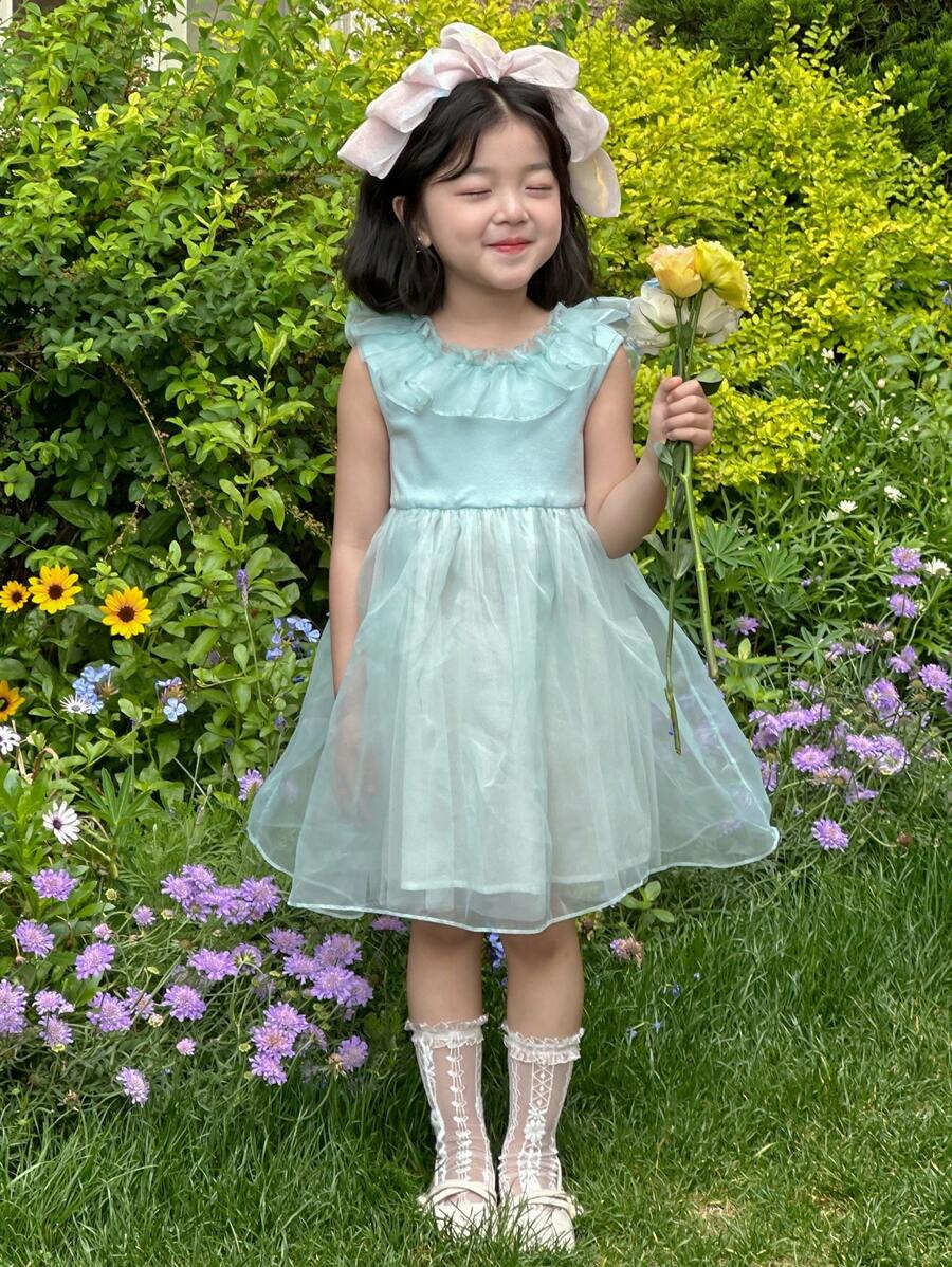 DAZY Vestido con dobladillo con volantes de moda y lindo para niñas, conjunto de ropa de verano para niñas - Celeste - Ver 1