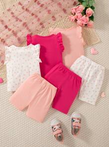 SHEIN 女婴心形印花圆领盖袖 T 恤和短裤两件套，舒适休闲套装，夏季 - 彩色 - 查看 2