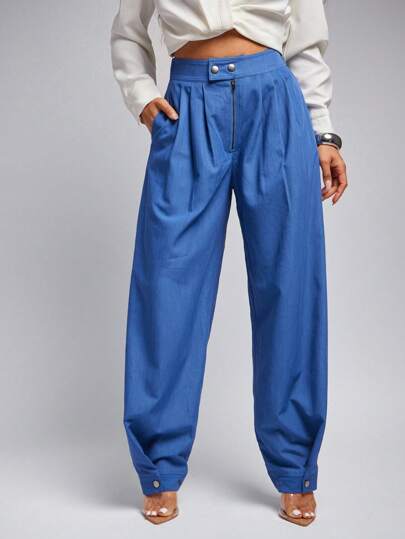 Vixey Pantalones harem anchos de cintura alta con pliegues y bajo con dobladillo