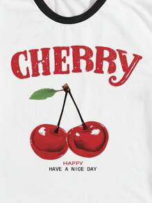 SHEIN EZwear Women Cherry Print Colorblock Short Sleeve T-Shirt, Casual For Summer Back To School - Black and White - View 4