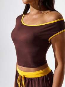 Hanevo 2pcs/Set Summer Knitted Contrast Color Asymmetrical Neck Top And Shorts Fashion Set Sportwear For Daily Wear - Coffee Brown - View 4