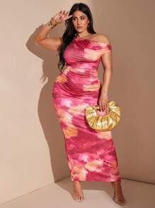 SHEIN BAE Plus Size Women Purple Tie Dye Pattern Print Elegant Long Asymmetrical Neck Bodycon Knit Dress, Suitable For Daily Wear, Commute, Outing, Date, Afternoon Tea, Vacation,Birthday Dresses For Women