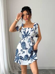 Elenzga Vestido mini de línea A de cintura ceñida con estampado abstracto elegante para mujeres