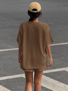 Muchica Kaffeebraunes gestricktes Damen Oversized Top & Shorts Lässig Loungewear Set - Kaffeebraun - Übersicht 2