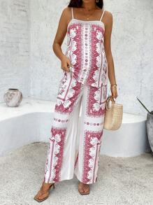 SHEIN 2 Stück Set aus Camisole und Hose für Schwangere mit Urlaubs-Lässig-Look in Cashewblüten-Muster - Rot-Weiß - Übersicht 4