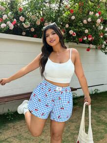 SHEIN EZwear Cherry Plaid Casual Summer Holiday Plus Size Shorts