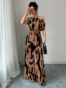 Elenzga 优雅女士不对称腰部褶皱简约修身休闲女士/现代修身连体裤 - 摩卡棕 - 查看 6