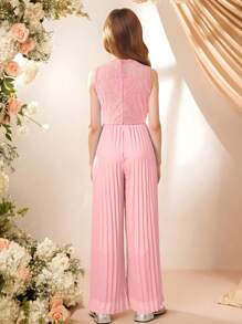 Tween Girls' Elegant Fashion Crew Neck Sleeveless High Waist Solid Color Lace Trim Pleated Long Jumpsuit, Flower Girl Wedding White Outfit, School, Campus, College - Pink - View 2