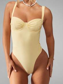 SHEIN X LOS FAVORITOS DE KARIME PINDTER MISSGUIDED Retro Style Ruched Bust One Piece Swimsuit Summer Beach Vacation Holiday Resort Pool Swimming Bathing Suit High Cut Thigh Padded Push Up - Yellow - View 3