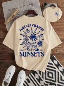 Manfinity Joysei Casual, Vacation Inspired Men's Khaki Palm Tree & Letter Print Slim Fit Crew Neck Short Sleeve T-Shirt, Suitable For Summer Outdoor, Dates, Gatherings; Also Suitable For Couples, Family Matching; Great Gift For Boyfriend Summer Sets For Men Men Beach Clothes Set Men Summer Clothes Graphic