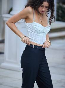 Aralina High Waist Buckled Hem Slim Fit Office Capris For Women Capri Pants - Black - View 6