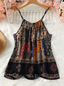 SHEIN LUNE Donna taglie forti Estate Boho Festa della Mamma Abbigliamento donna Stampa vintage Bretelle e top donna Estate Indumenti Rinascimentali Top - Blu - Visualizzare 3