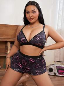 SmileyWorld® | SHEIN Plus Size Black & Pink Sexy & Comfy Bikini Bra And Panty Underwear Set - Black - View 7