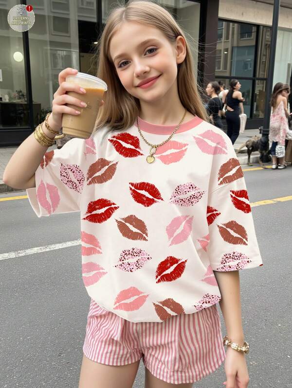 SHEIN 2pcs/Set Tween Girls Casual Colorful Leopard Lip Print Short Sleeve T-Shirt And Striped Shorts, Suitable For Summer Casual Wear, Summer Girls Sets, Kids Daily Fashion, Vacay Vibes