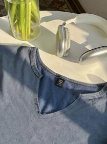 Comfortcana Plus Size Acid Wash Blue Loose V-Neck T-Shirt, Cotton Fabric, Suitable For Spring/Summer - Blue - View 3