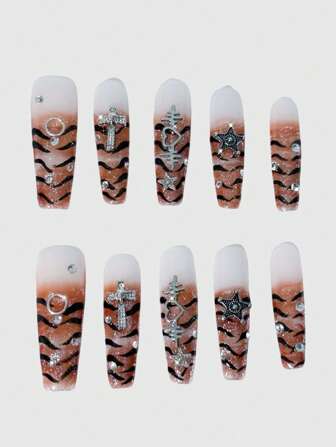 Grunge Punk Puntas de uñas postizas con diseños de estrella, corazón y cruz de metal de estampado de leopardo, estilo punk chic Y2K, apropiadas para ocasiones callejeras y de compras
