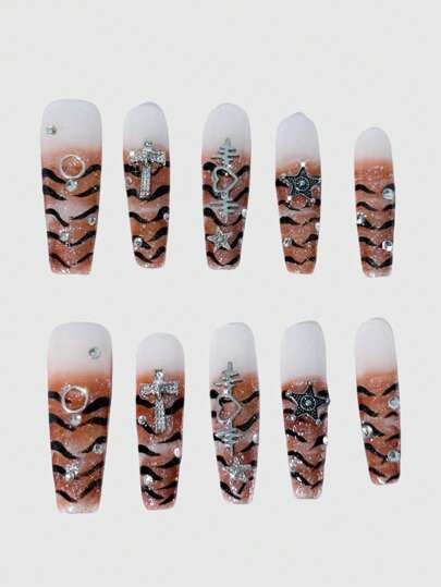 Grunge Punk Y2K Punk Chic Leopard Print Metal Star, Heart, Cross Long Square Handmade False Nail Tips, Suitable For Street, Shopping Occasions