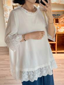 FRIFUL Camiseta de manga corta casual y holgada con cuello redondo y parches de encaje para mujer, para verano