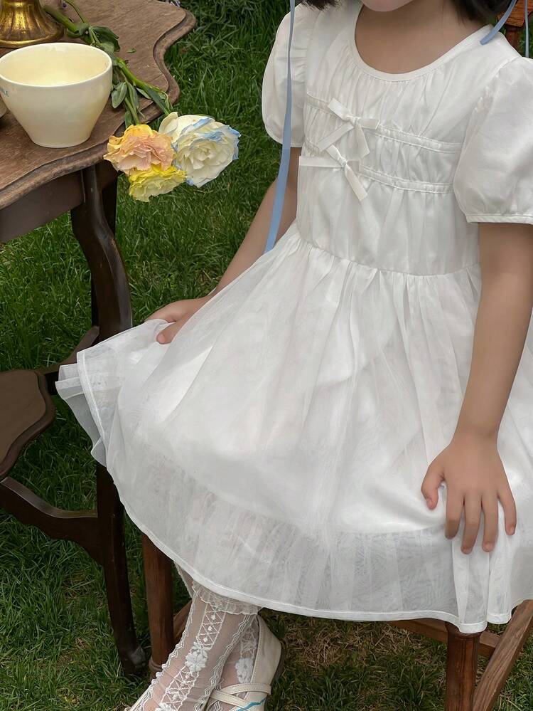 Young Girl Summer Elegant Solid Color Mesh Patchwork Dress