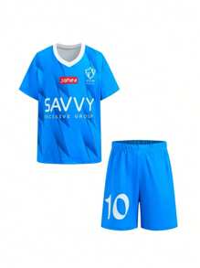 SHEIN Fantacosmos 男童 2 件套夏季儿童短袖 T 恤和短裤套装，酷炫足球印花设计，舒适休闲运动装，适合夏季上学和户外