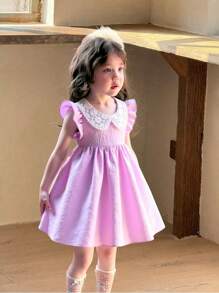 SHEIN 女孩优雅纯色提花纹理盖袖装饰花领高腰 A 字公主裙，适合旅行、度假、派对、生日礼物、夏季