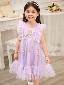 Glamorique Kids 女童花童伴娘礼服，婚礼，花童，3D蝴蝶，刺绣花朵连衣裙，女童夏季连衣裙，派对表演，适合正式场合，舞台，钢琴演奏，女童公主裙，女童连衣裙，女童公主裙 - 紫色 - 查看 1