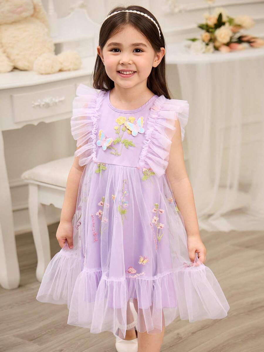 Glamorique Kids 女童花童伴娘礼服，婚礼，花童，3D蝴蝶，刺绣花朵连衣裙，女童夏季连衣裙，派对表演，适合正式场合，舞台，钢琴演奏，女童公主裙，女童连衣裙，女童公主裙 - 紫色 - 查看 1