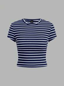 SHEIN EZwear 4pcs Set Casual Minimalist Nautical Style Navy Blue Stripe Short Sleeve Cropped Fitted T-Shirt For Summer Holiday Suitable For Going Out - Multicolor - View 8