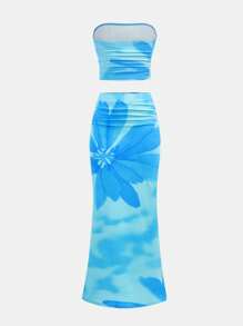 Girlism Set de 2 piezas de top corto y falda larga ajustada con estampado floral tropical, estilo vacacional para adolescentes