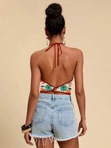 Travachic 复古假日风格彩色花卉几何图案撞色系带女式背心，适合夏季和海滩度假，复古风格，休闲假日风格，性感风格，可爱，Y2K 椰子女孩，波西米亚风，音乐节，适合夏季 - 彩色 - 查看 2