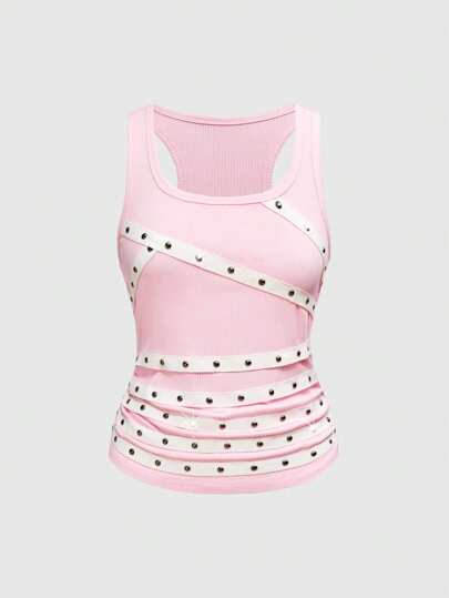 Grunge Punk Top canottiera e canotta nera di stile universitario, taglio sexy senza maniche con cinturini e borchie, in stile punk, adatto per festivals musicali, disponibile anche in taglie comode
