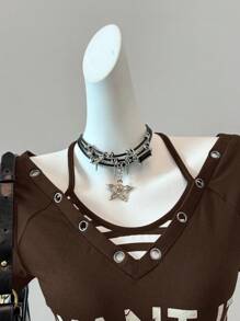 SHEIN EZwear 夏季乡村音乐会标语图案短袖T恤 - 棕色 - 查看 3