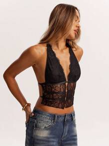 SHEIN BAE 黑色纯色女式蕾丝拼接镂空露背短款背心，适合度假、约会、音乐节、音乐会 - 西部服饰、音乐会、狂欢、节日、蕾丝上衣、性感上衣、外出上衣 - 黑色 - 查看 3