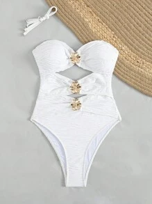 Swim Vcay 1 pieza Traje de baño de una pieza para mujer con tela texturizada y decoración de pétalos calados, diseño elegante para el ocio y las vacaciones