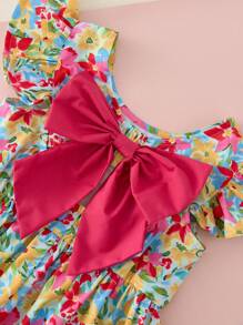 Schattige, schattige, casual jurk met print en ruches en strik voor jonge meisjes