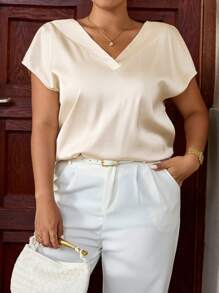 Cravure Plus Size Solid Color V-Neck Summer Casual Fashion Short Sleeve Shirt - Apricot - View 5