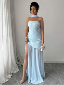 Elenzga Elegant Bandeau Waist Slit Hem Dress Light Blue Formal Dress Blue Strapless Dress Summer Formal Dress Fashionable Dresses