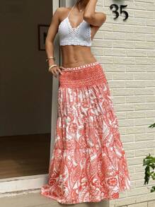 Sunnyshic 女士波西米亚印花长喇叭裙，休闲度假日常穿着，春夏，伊比沙岛服装 - 紅色 - 查看 4