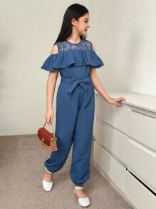 Tute da ragazza tween, casual, per vacanze, con pizzo a contrasto, orlo con volant, cintura, vita elastica, morbide