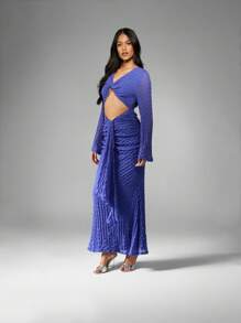MISSGUIDED Textured Ruched Long Sleeve Twist Front Cut Out Maxi Dress Summer Fall Wedding Guest Party Special Occasion Statement Elegance Draped Evening - Blue - View 6