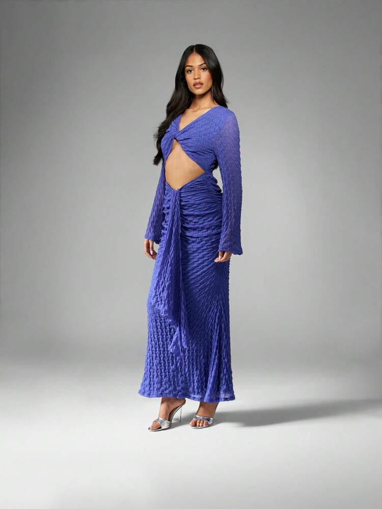 MISSGUIDED Textured Ruched Long Sleeve Twist Front Cut Out Maxi Dress Summer Fall Wedding Guest Party Special Occasion Statement Elegance Draped Evening